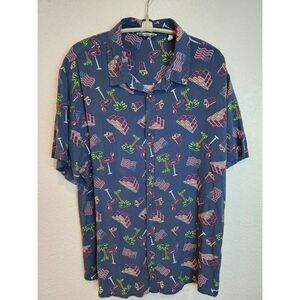 DEPART WEST Men's‎ XL BUTTON-UP SHIRT Flamingo Beer Pong Palm Tree Flag Blue